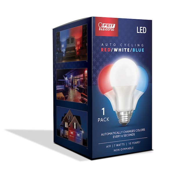 Feit Electric Feit A19 E26 (Medium) Auto Cycling LED Bulb Blue/Red/White 2 Watt Equivalence 1 pk A19/RBW/LED/36 - main
